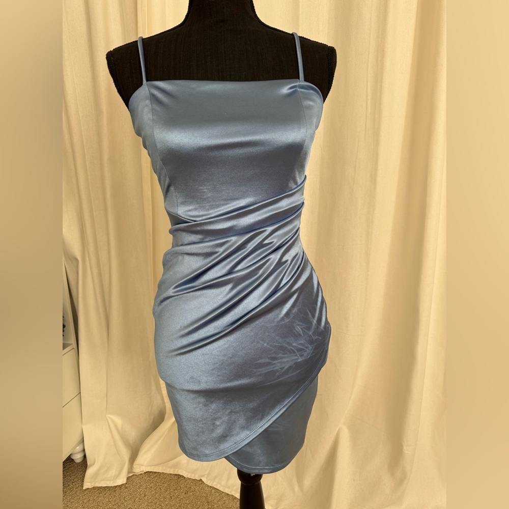 Windsor Satin Ruched Mini Dress in Light Blue
